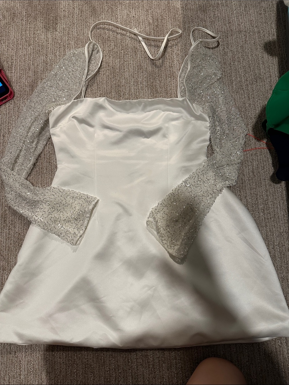 Babyboo Satin Mini Dress with Sparkle Mesh Sleeves - Ivory